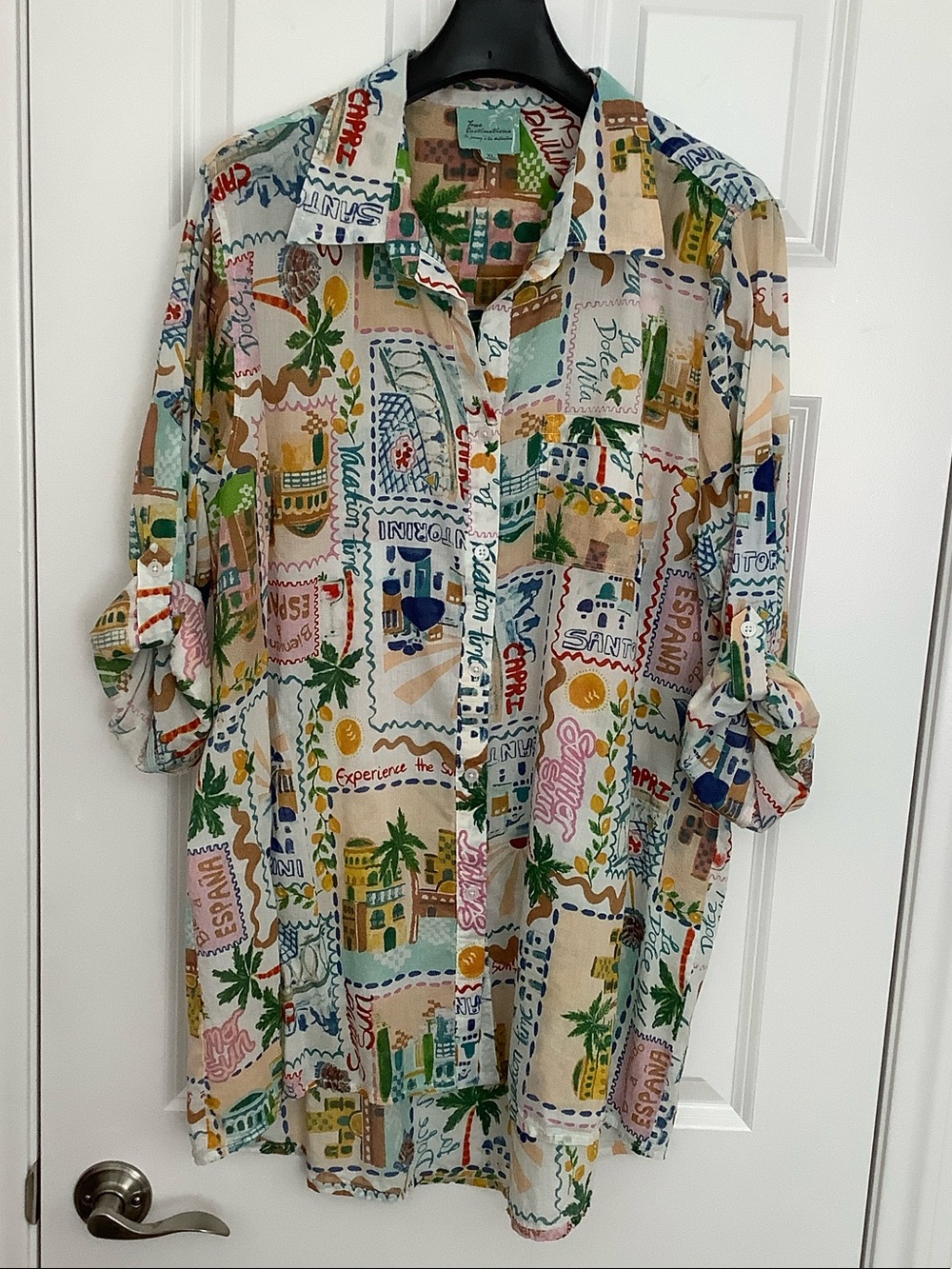 Woven Beige Travel Print Button-Down Shirt